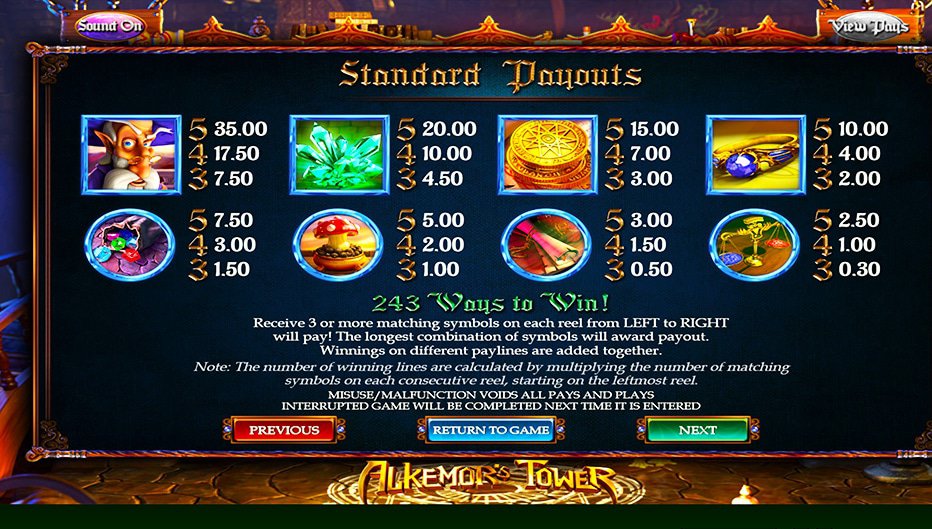 Table de paiement du jeu Alkemor's Tower