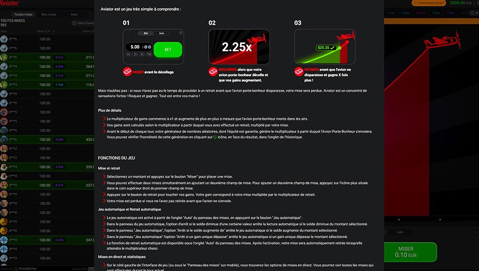 Table de paiement du jeu Aviator