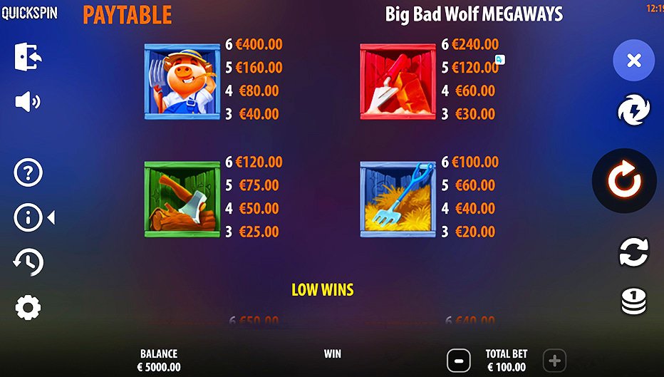 Table de paiement du jeu Big Bad Wolf Megaways