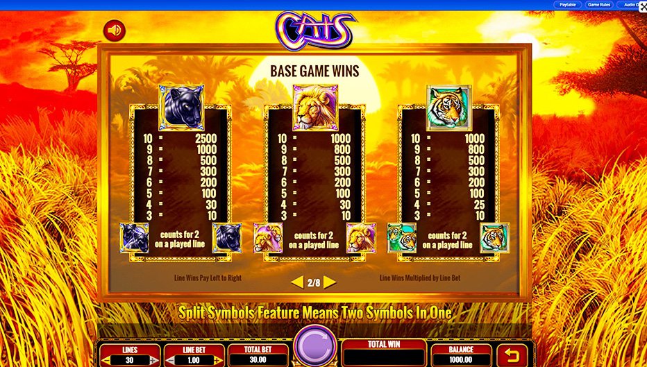 Table de paiement du jeu Cats