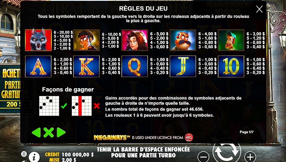 Table de paiement du jeu Curse of the Werewolf Megaways