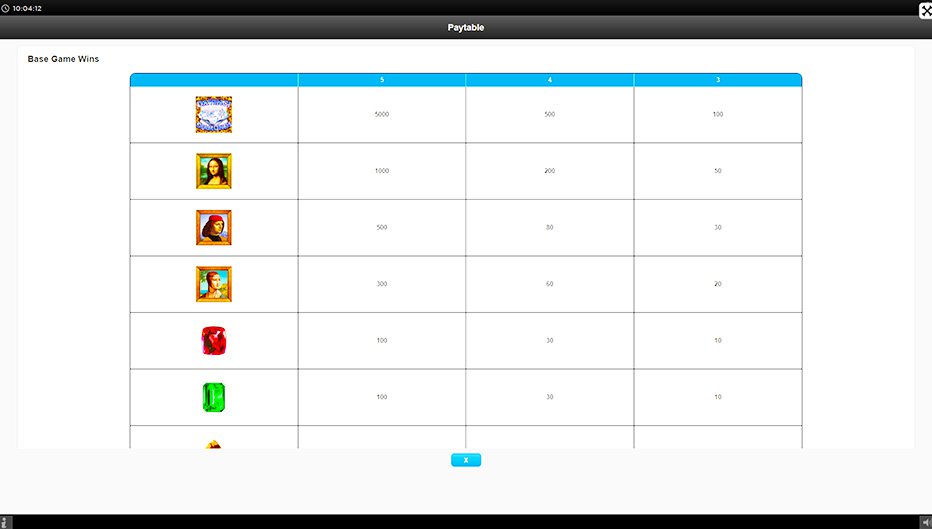 Table de paiement du jeu Da Vinci Diamonds