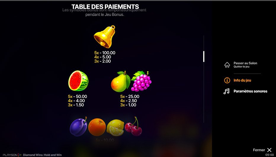 Table de paiement du jeu Diamond Wins: Hold & Win