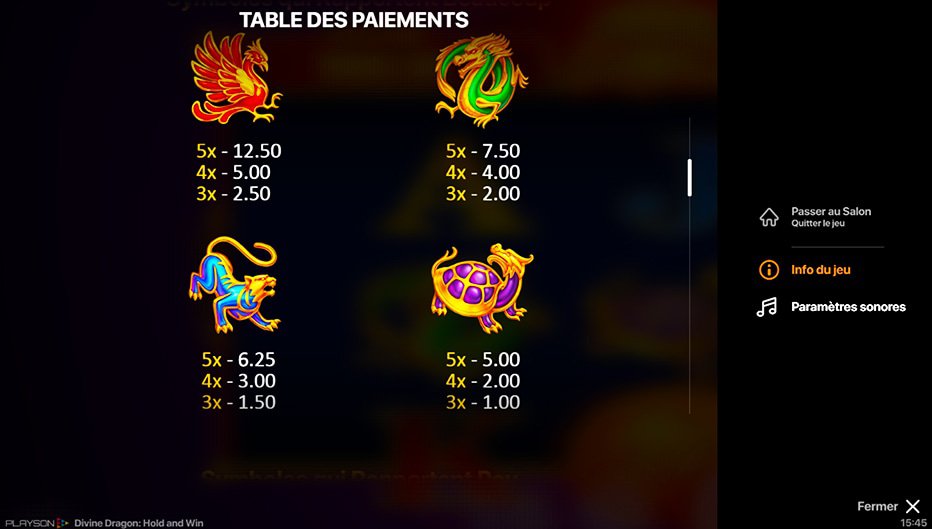 Table de paiement du jeu Divine Dragon : Hold and Win