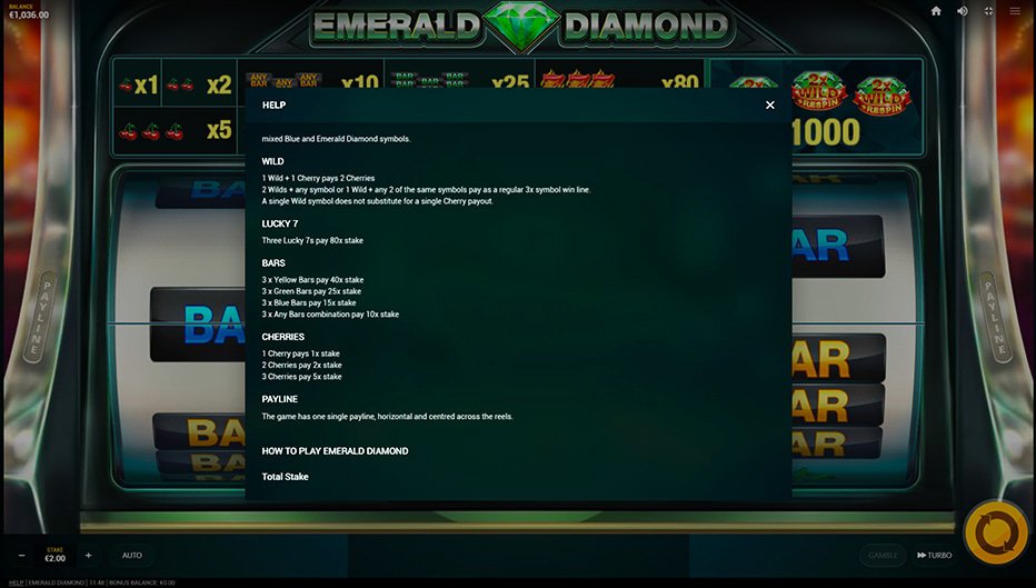 Table de paiement du jeu Emerald Diamond