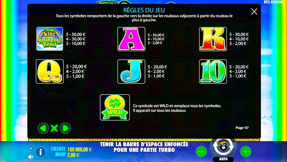 Table de paiement du jeu Emerald King Rainbow Road