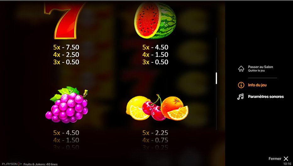 Table de paiement du jeu Fruits and Jokers: 40 Lines