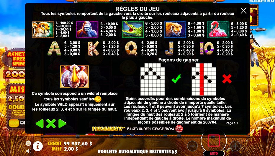 Table de paiement du jeu Great Rhino Megaways