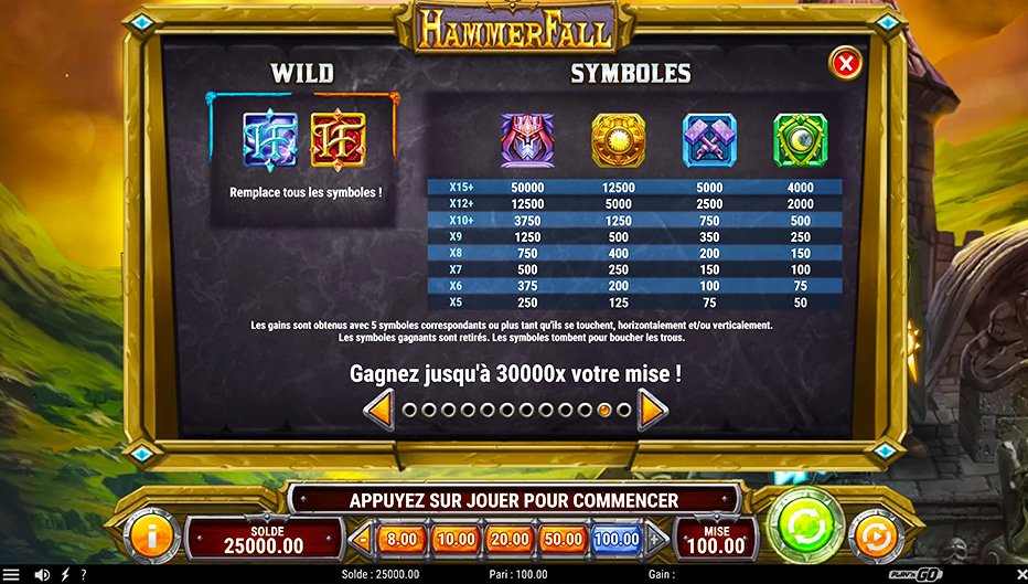 Table de paiement du jeu hammerfall