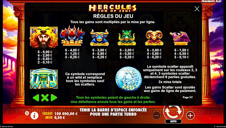 Table de paiement du jeu Hercules: Son of Zeus