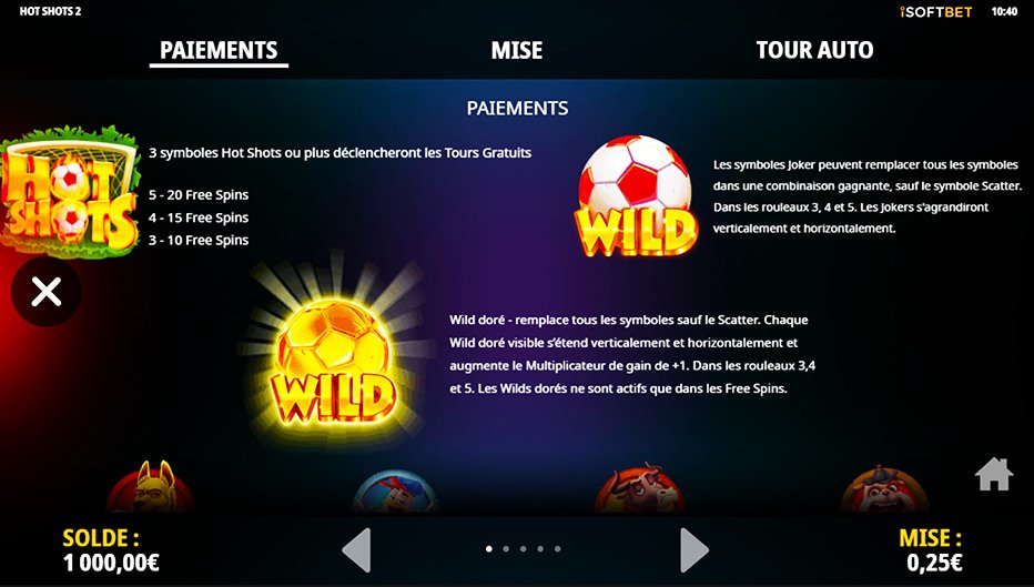 Table de paiement du jeu Hot Shots 2