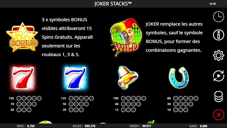 Table de paiement du jeu Joker Stacks