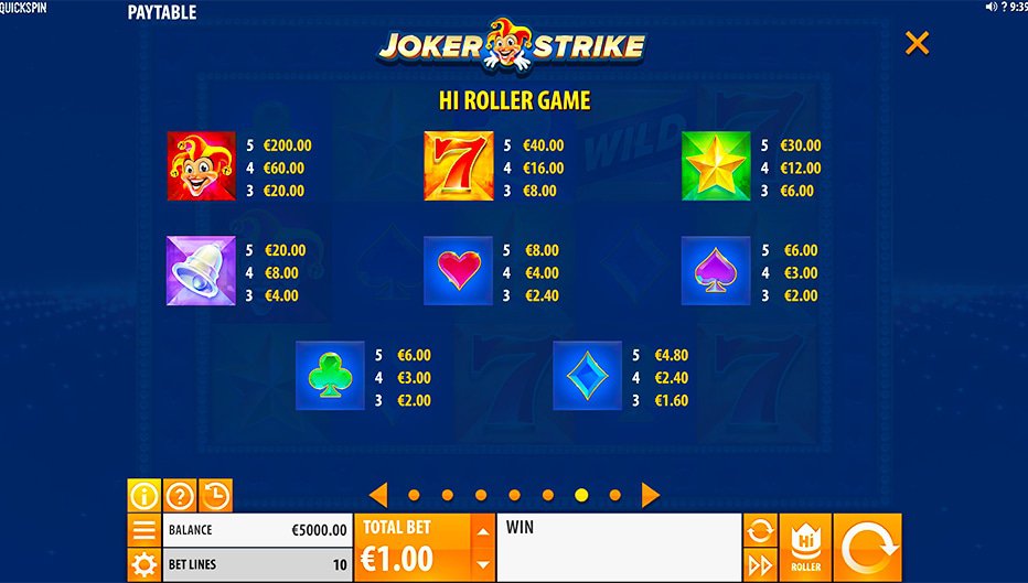 Table de paiement du jeu Joker Strike
