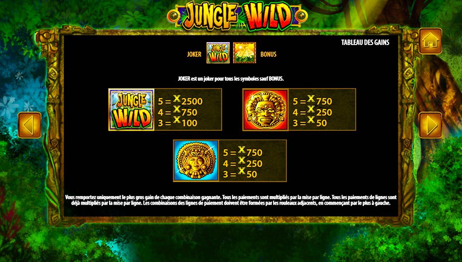 Table de paiement du jeu Jungle Wild