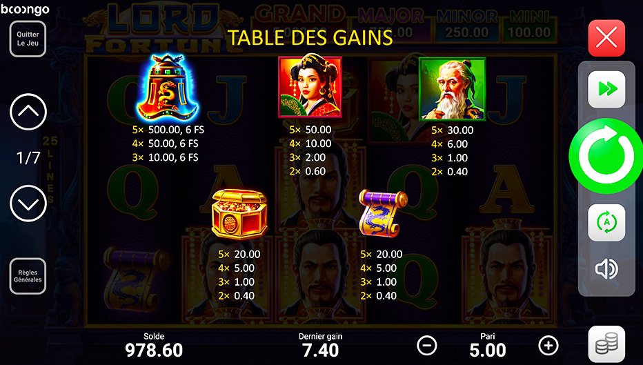 Table de paiement du jeu Lord Fortune