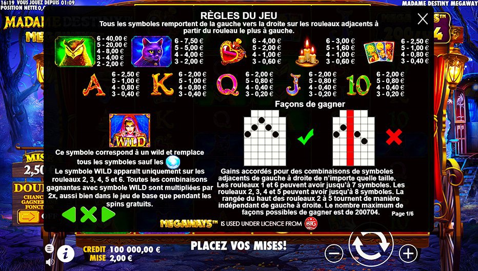 Table de paiement du jeu Madame Destiny Megaways