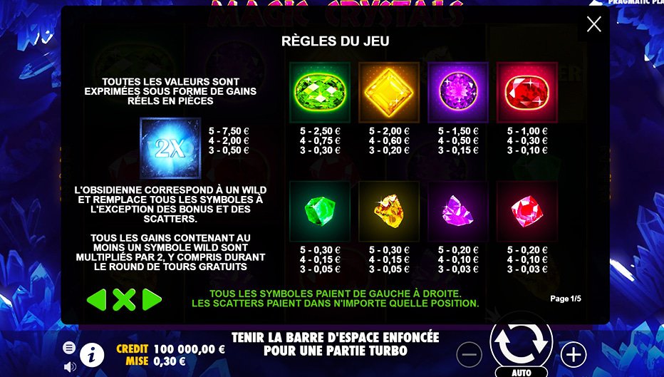 Table de paiement du jeu Magic Crystals