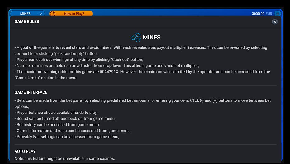 Table de paiement du jeu Mines