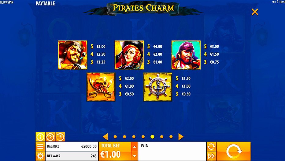 Table de paiement du jeu Pirate's Charm