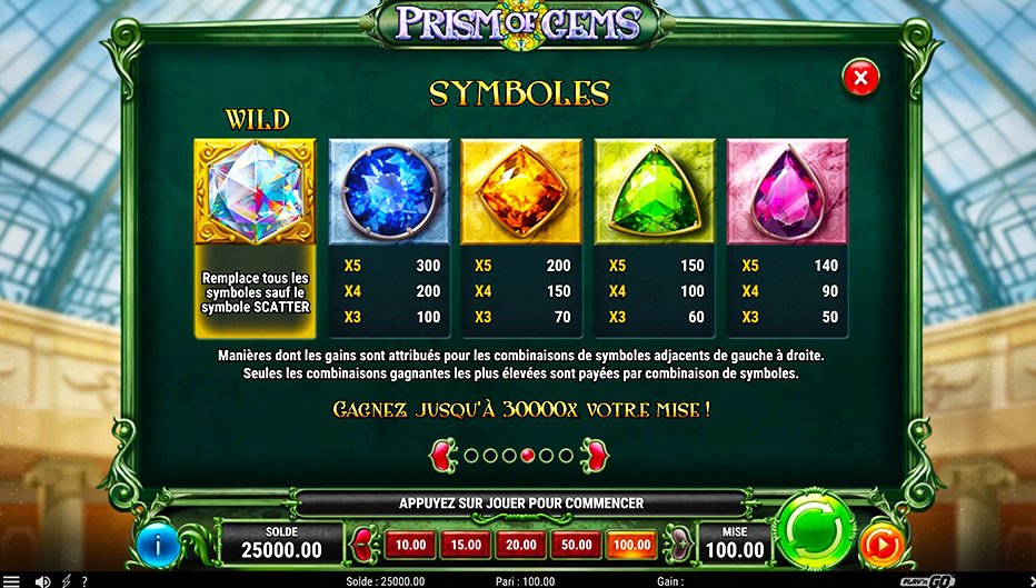 Table de paiement du jeu Prism of Gems