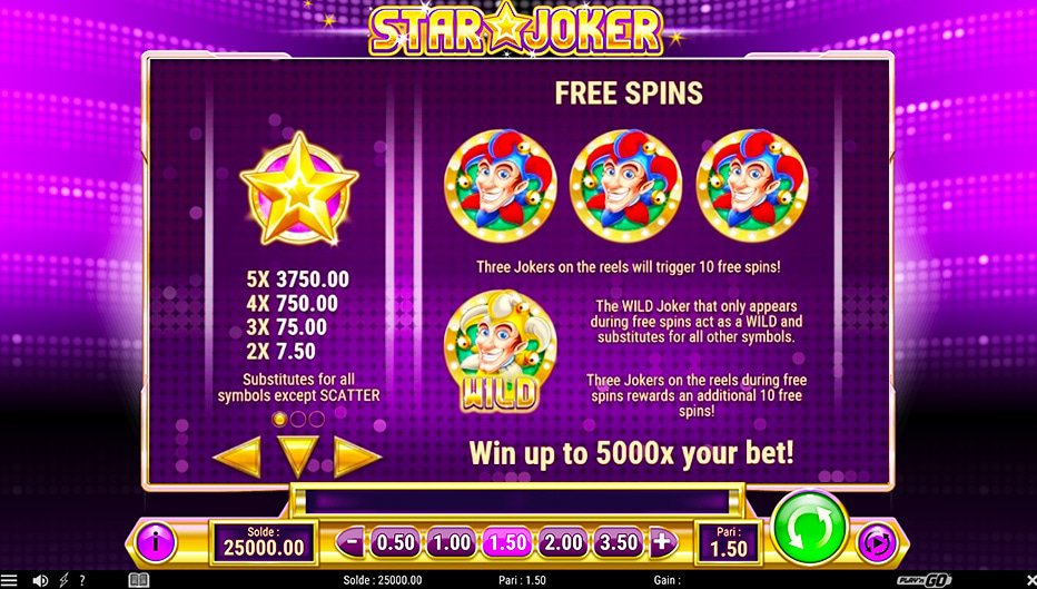 Table de paiement du jeu Star Joker