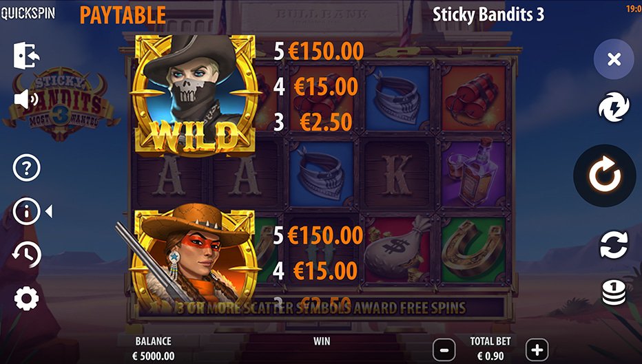 Table de paiement du jeu Sticky Bandits 3: Most Wanted