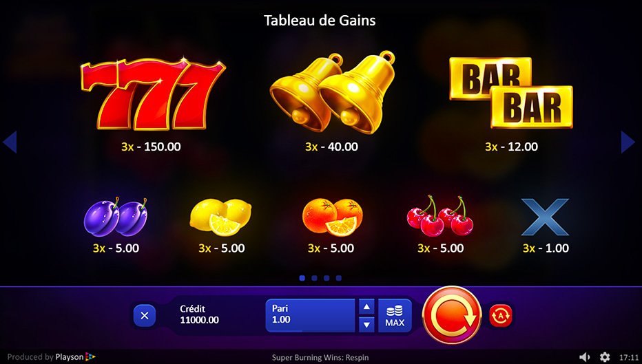 Table de paiement du jeu Super Burning Wins: Respin