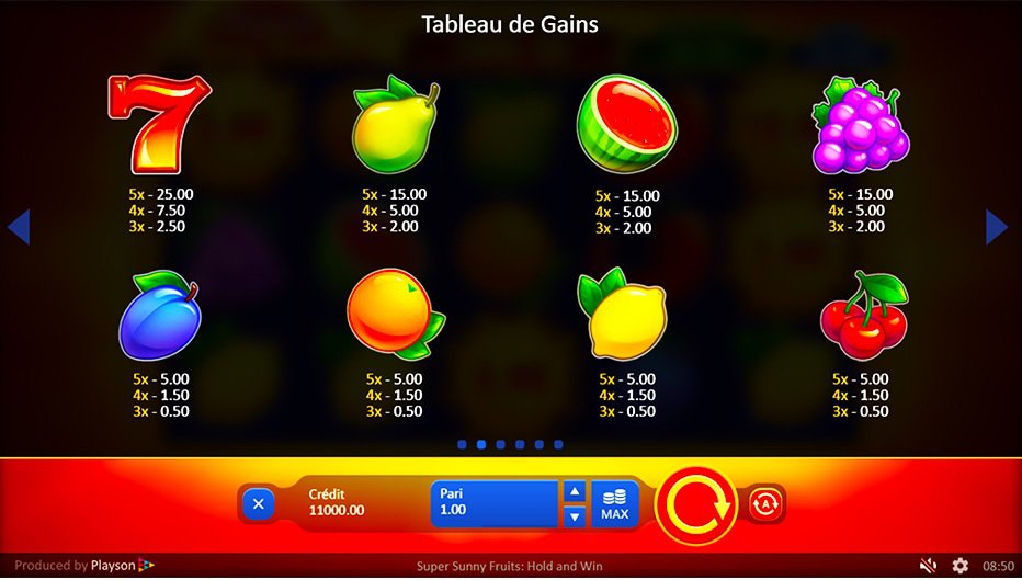 Table de paiement du jeu Super Sunny Fruits: Hold and Win