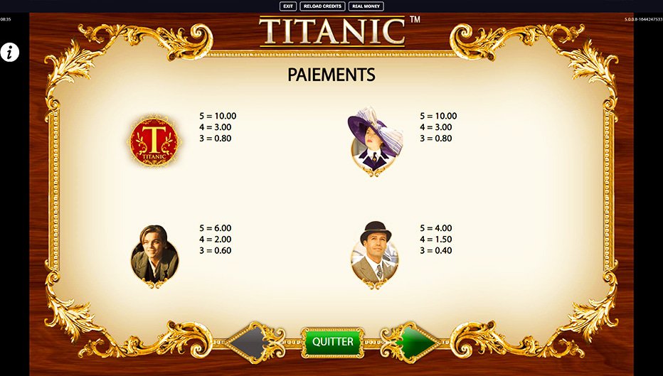 Table de paiement du jeu Titanic