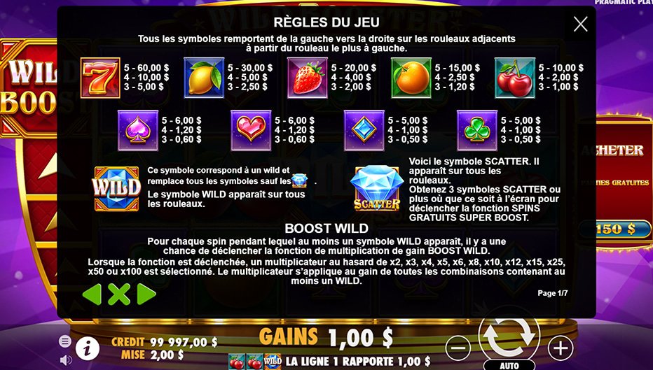 Table de paiement du jeu Wild Booster